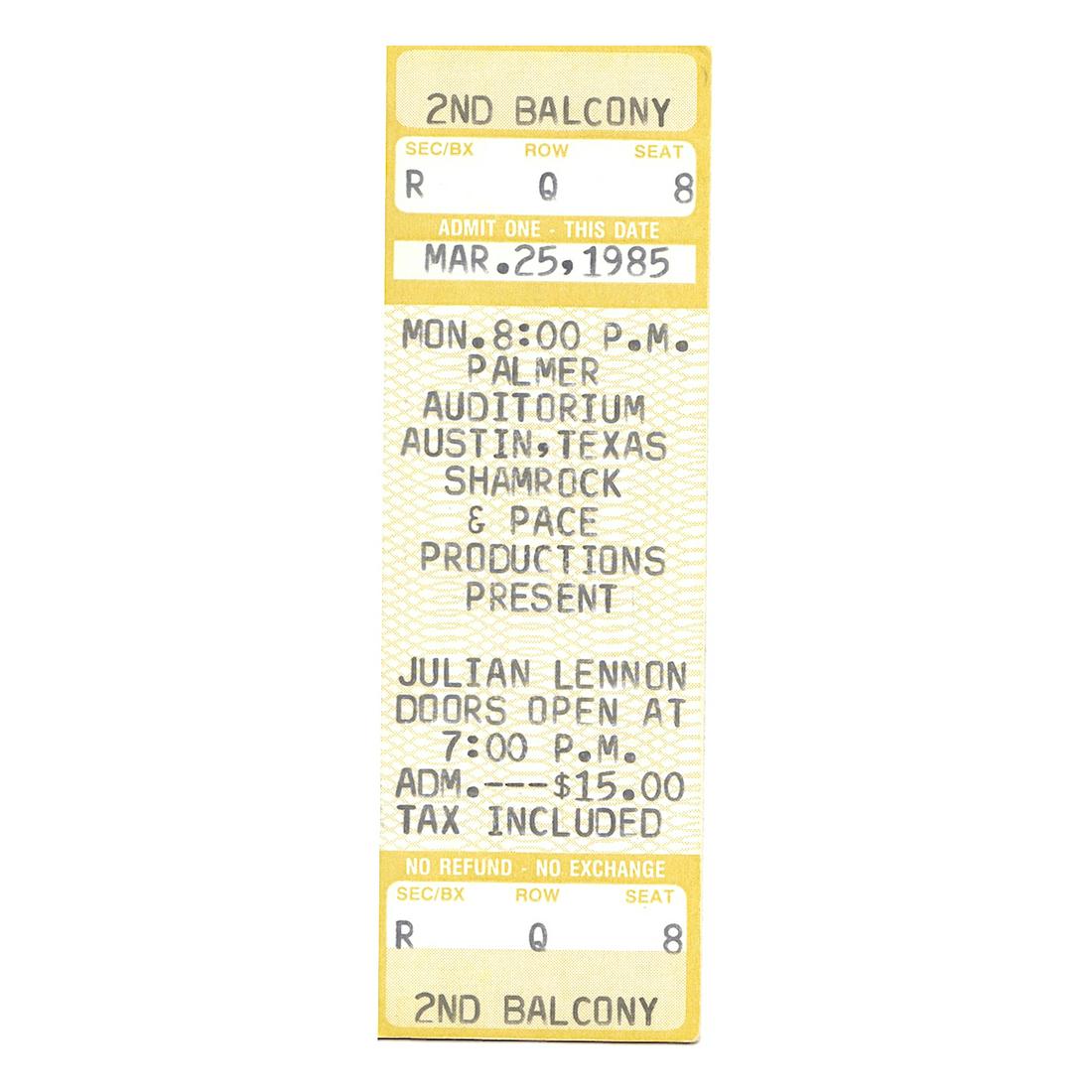 Julian Lennon - 1985 Vintage Concert Ticket: JULIAN LENNON (English Musician) Original & Vintage 1985 unused Concert Ticket featuring Julian Lennon. Venue: Palmer Auditorium, Austin, Texas. Dated: March 25, 1985. Includes COA. Dimensions: 1.5 in