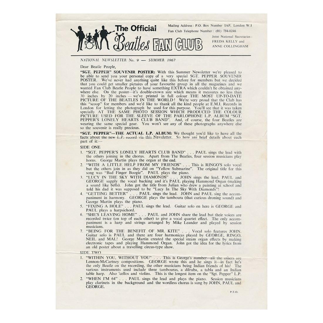 The Beatles - 1967 Official Fan Club Newsletter: THE BEATLES (English Rock Band) Original & Vintage 1967 Beatles Fan Club Newsletter. Circa Fall 1967. Includes COA. Dimensions: Approx. 8.5 inches by 10.5 inches