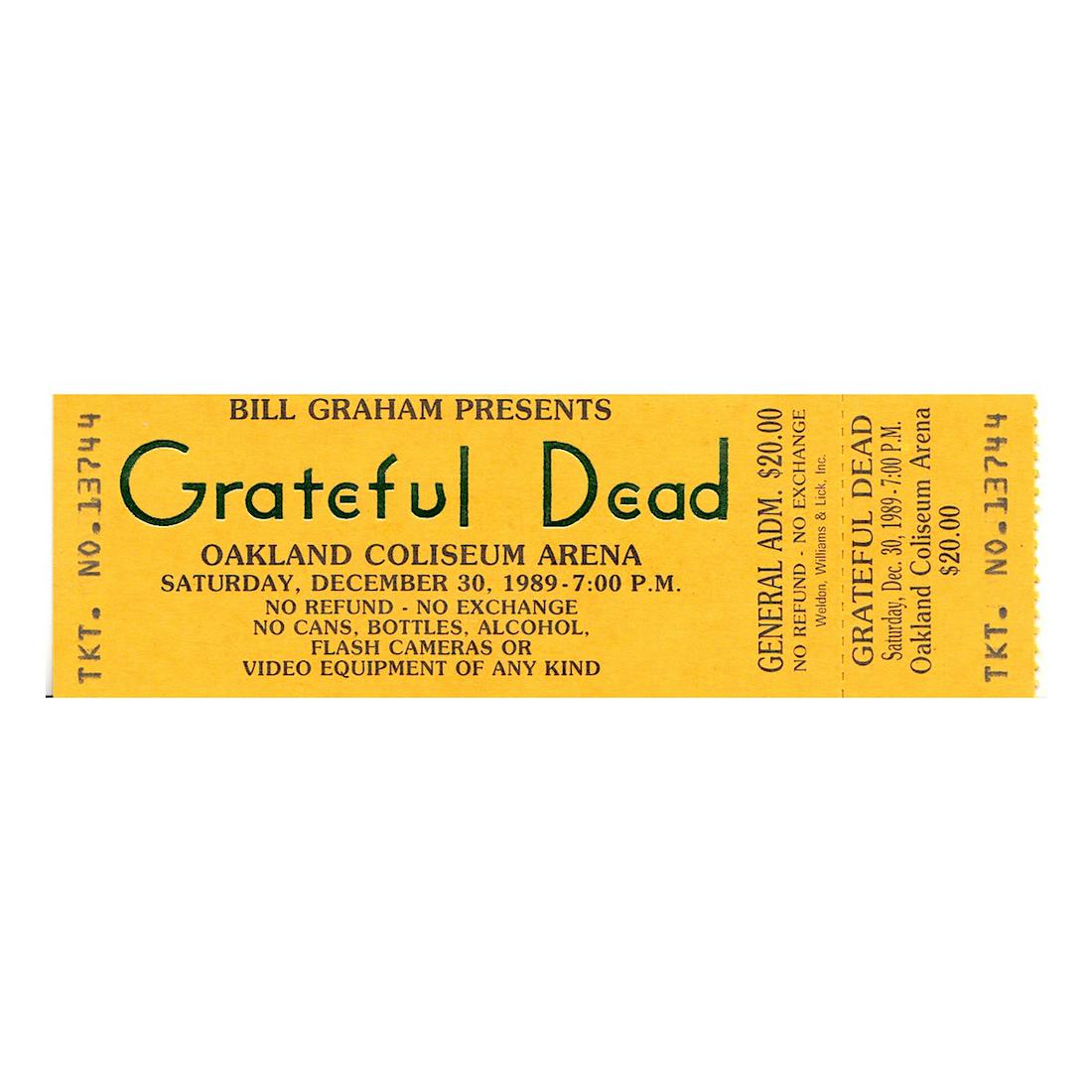 Grateful Dead - 1989 Vintage Concert Ticket: GRATEFUL DEAD (American Rock Band) Original & Vintage 1989 unused Concert Ticket featuring The Grateful Dead. Venue: Oakland Coliseum, Oakland, California. Dated: December 30, 1989. Includes COA. Dime