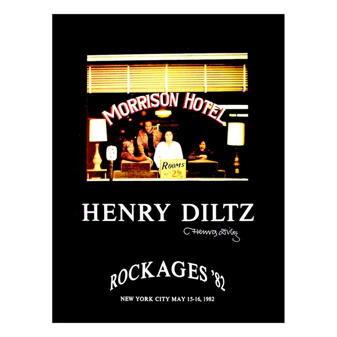 The Doors - Henry Diltz - Signed Poster: THE DOORS (American Rock Band) Original & Vintage 'Rock Ages' Promotional Poster. Hand-signed by the artist: Henry Diltz. Venue: Roosevelt Hotel, New York, New York. Dated: May 15, 1982. Artist: Henry