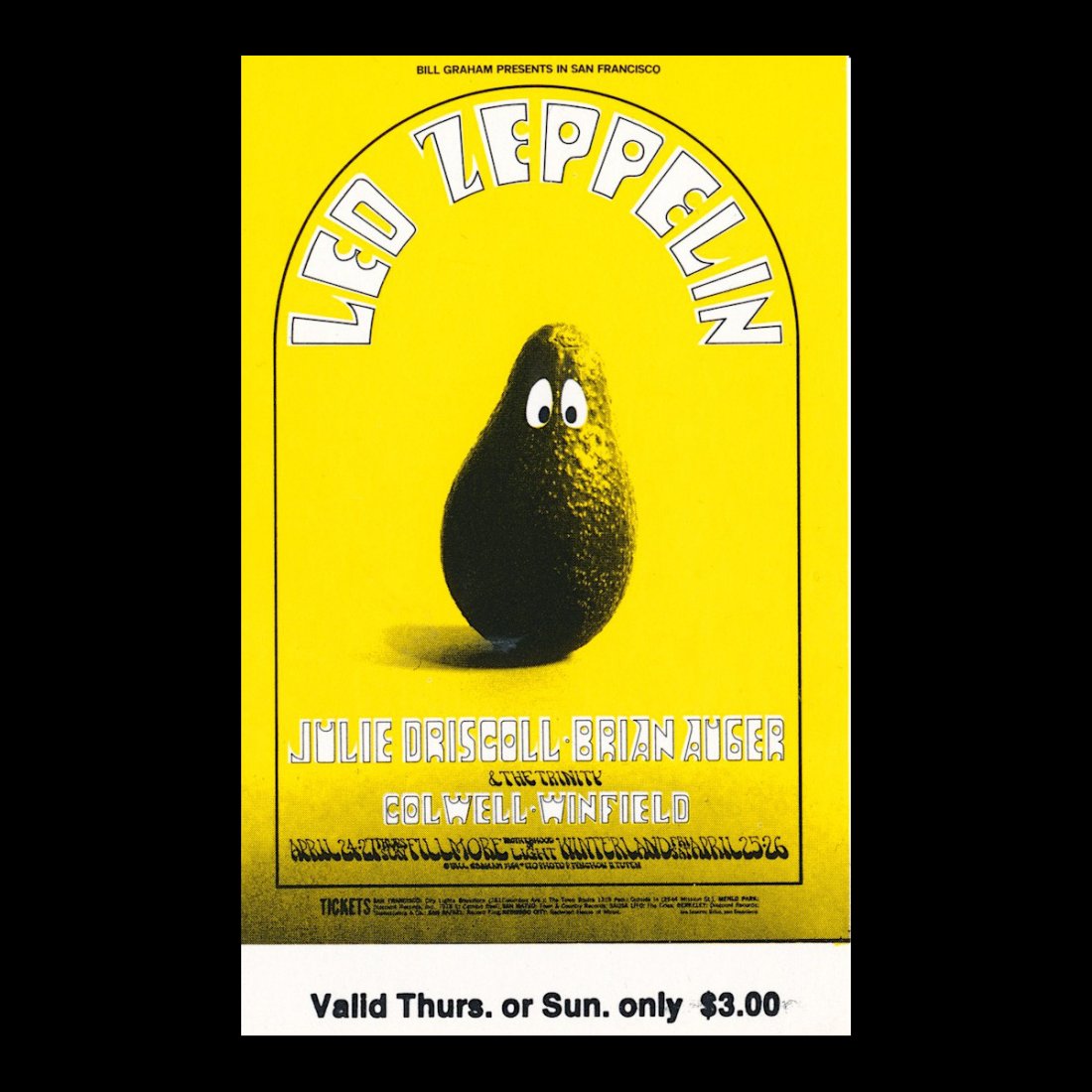 Led Zeppelin - Fillmore - 1969 Vintage Concert Ticket: LED ZEPPELIN (English Rock Band) Original & Vintage Bill Graham Presents Concert Ticket featuring Led Zeppelin. Venue: Fillmore West, San Francisco, California. Dated: April 24, 1969. Artist: Randy Tu