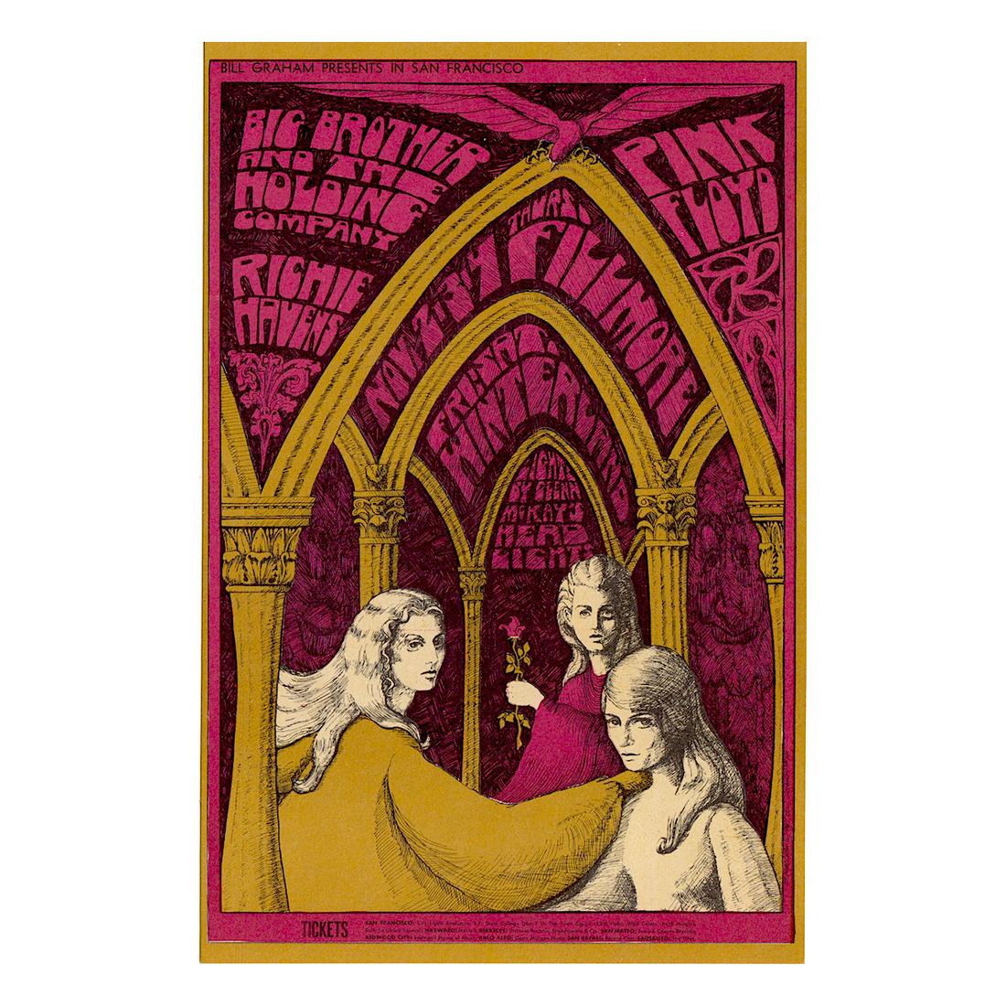 Pink Floyd - 1968 Fillmore Concert Handbill: PINK FLOYD (English Rock Band) BIG BROTHER AND THE HOLDING COMPANY (American Rock Band) RICHIE HAVENS (1941-2013 American Musician and Singer-Songwriter) Original & Vintage Bill Graham Presents Concer