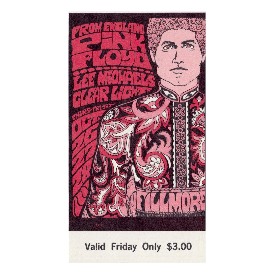 Pink Floyd - Fillmore - 1967 Vintage Concert Ticket: PINK FLOYD (English Rock Band) Original & Vintage Bill Graham Presents Concert Ticket featuring Pink Floyd and Lee Michaels. Venue: Fillmore Auditorium, San Francisco, California. Dated: October 26, 1