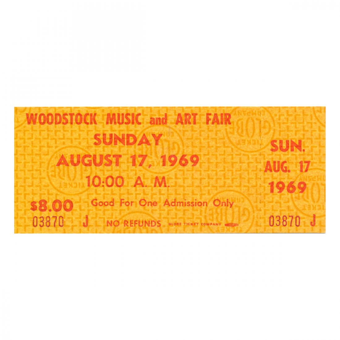 Woodstock - 1969 Sunday Vintage Concert Ticket: WOODSTOCK MUSIC & ART FAIR FESTIVAL (Music Festival billed as 'An Aquarian Exposition: 3 Days of Peace & Music) Authentic unused Woodstock Festival Ticket with photograph featuring Jimi Hendrix. Venue