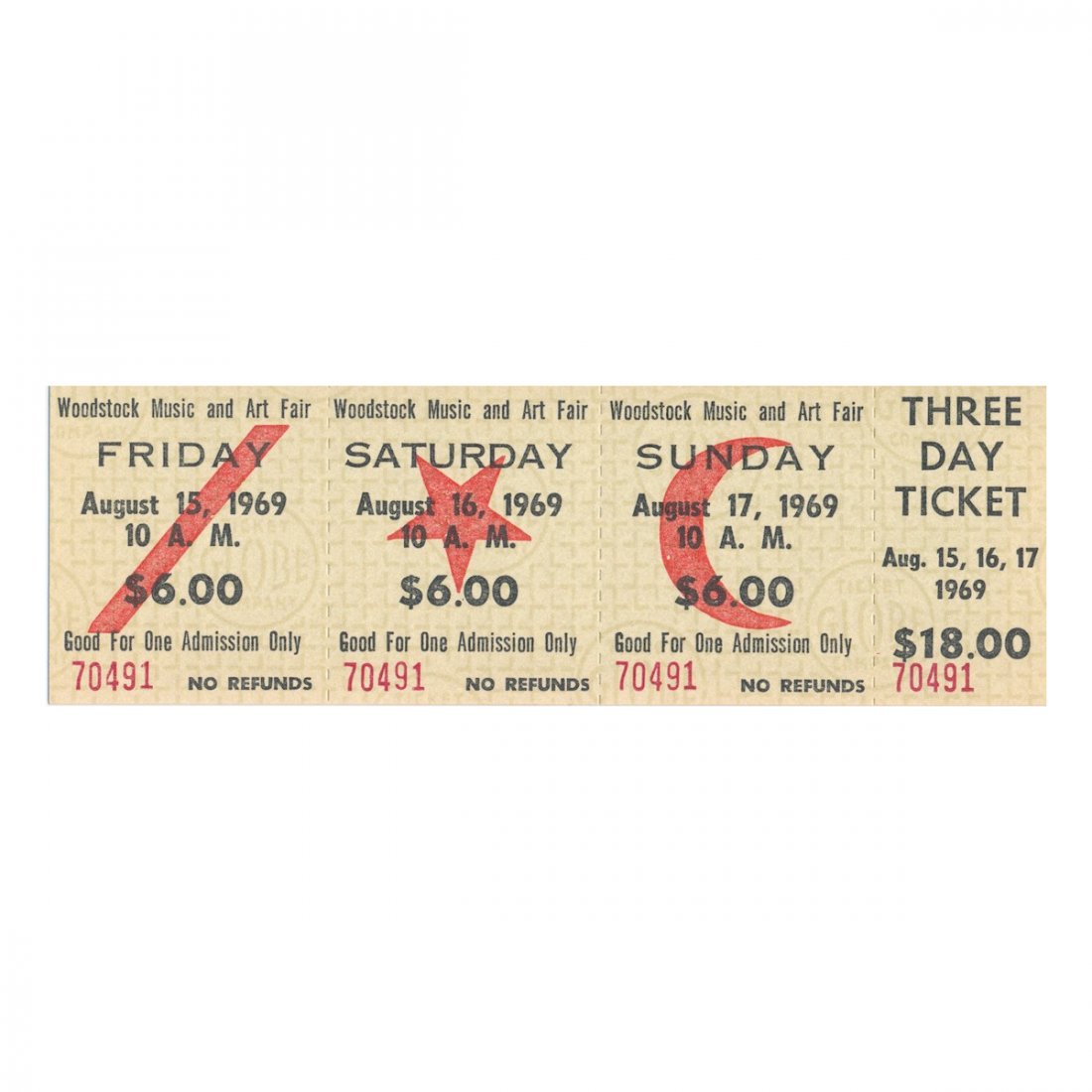 Woodstock - 1969 Advanced 3 Day Vintage Concert Ticket: WOODSTOCK MUSIC & ART FAIR FESTIVAL (Music Festival billed as 'An Aquarian Exposition: 3 Days of Peace & Music) Authentic unused Advanced Three Day Woodstock Festival Ticket with photograph. Venue: Ma
