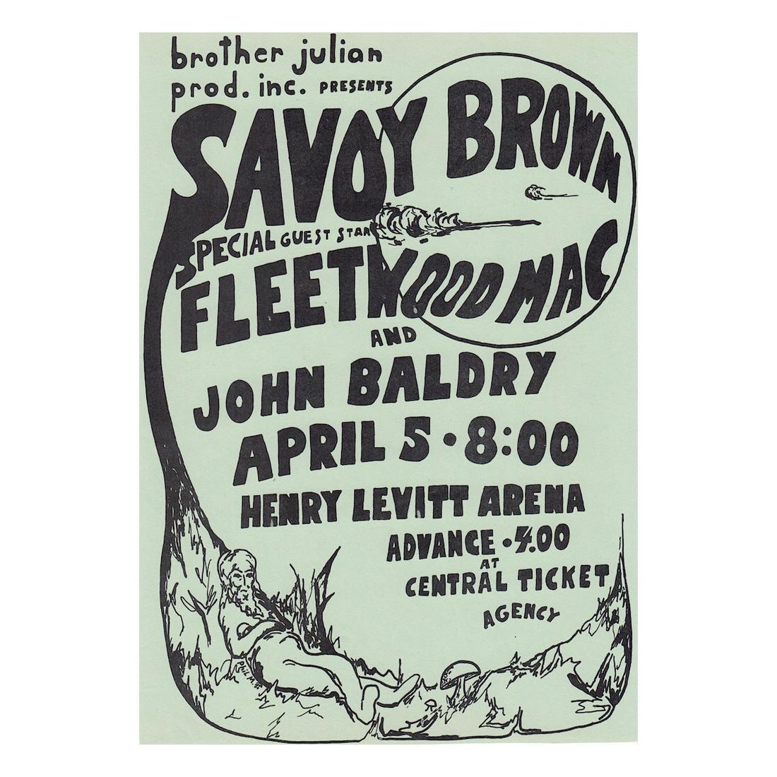 Fleetwood Mac - Savor Brown - 1972 Concert Handbill: FLEETWOOD MAC (British-American Rock Band) Original & Vintage Concert Handbill featuring Fleetwood Mac, Savor Brown and John Baldry. Venue: Henry Levitt Arena, Wichita, Kansas. Dated: April 5, 1972. A