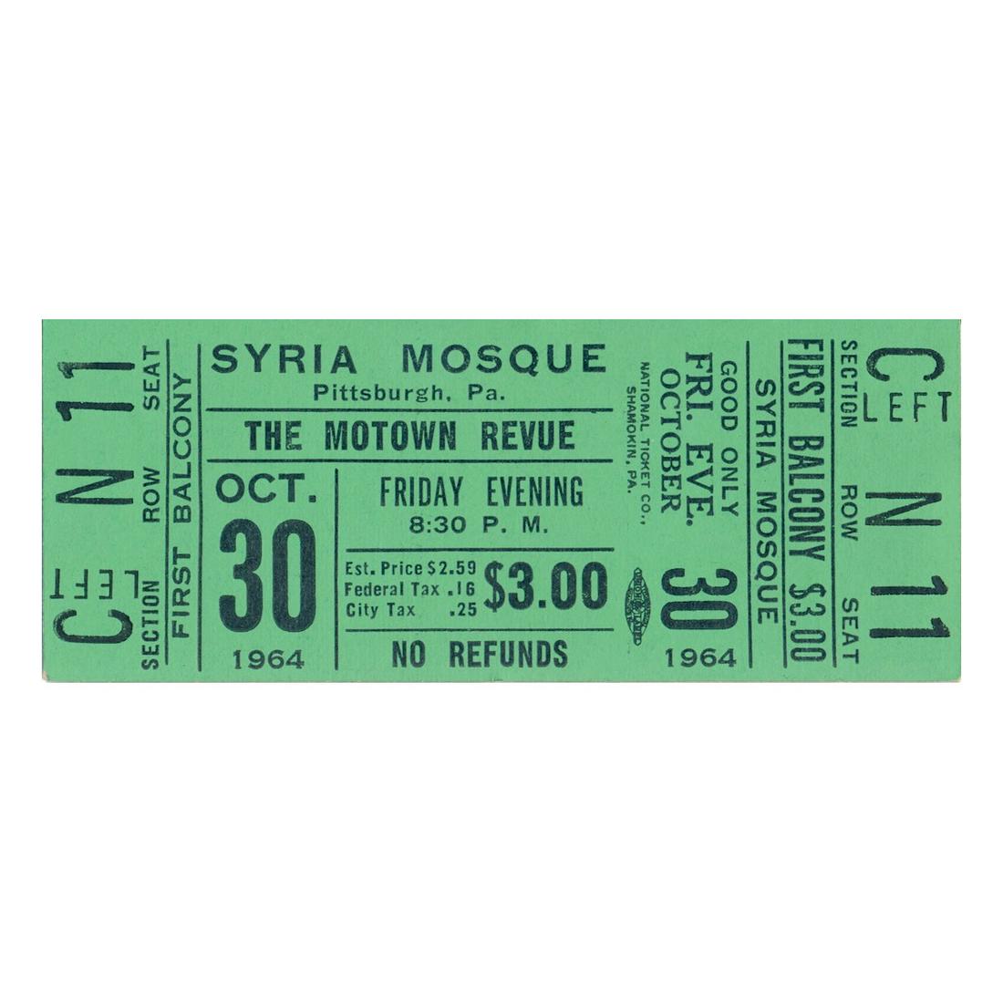 Motown Revue - 1964 Vintage Concert Ticket: MARVIN GAYE (1939-1984 American Singer and Songwriter) THE SUPREMES (American Female Singing Group) Original & Vintage 1964 Motown Revue unused Concert Ticket featuring Marvin Gaye, The Supremes and M