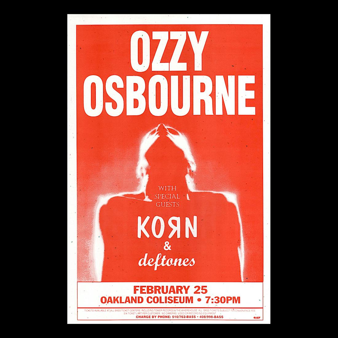 Ozzy Osbourne - 1996 Concert Poster: OZZY OSBOURNE (English Singer, Songwriter and TV Personality) Original & Vintage Bill Graham Presents Concert Poster featuring Ozzy Osbourne and Korn. Venue: Oakland Coliseum Arena, Oakland, Californi
