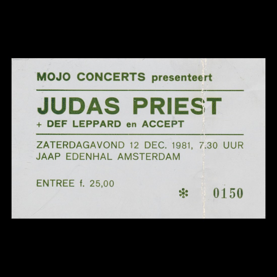 Judas Priest - 1981 Vintage Concert Ticket: JUDAS PRIEST (English Heavy Metal Band) Original & Vintage 1981 Concert Ticket featuring Judas Priest and Def Leppard. Venue: Jaap Edenhal, Amsterdam, Netherlands. Dated: December 12, 1981. Includes C