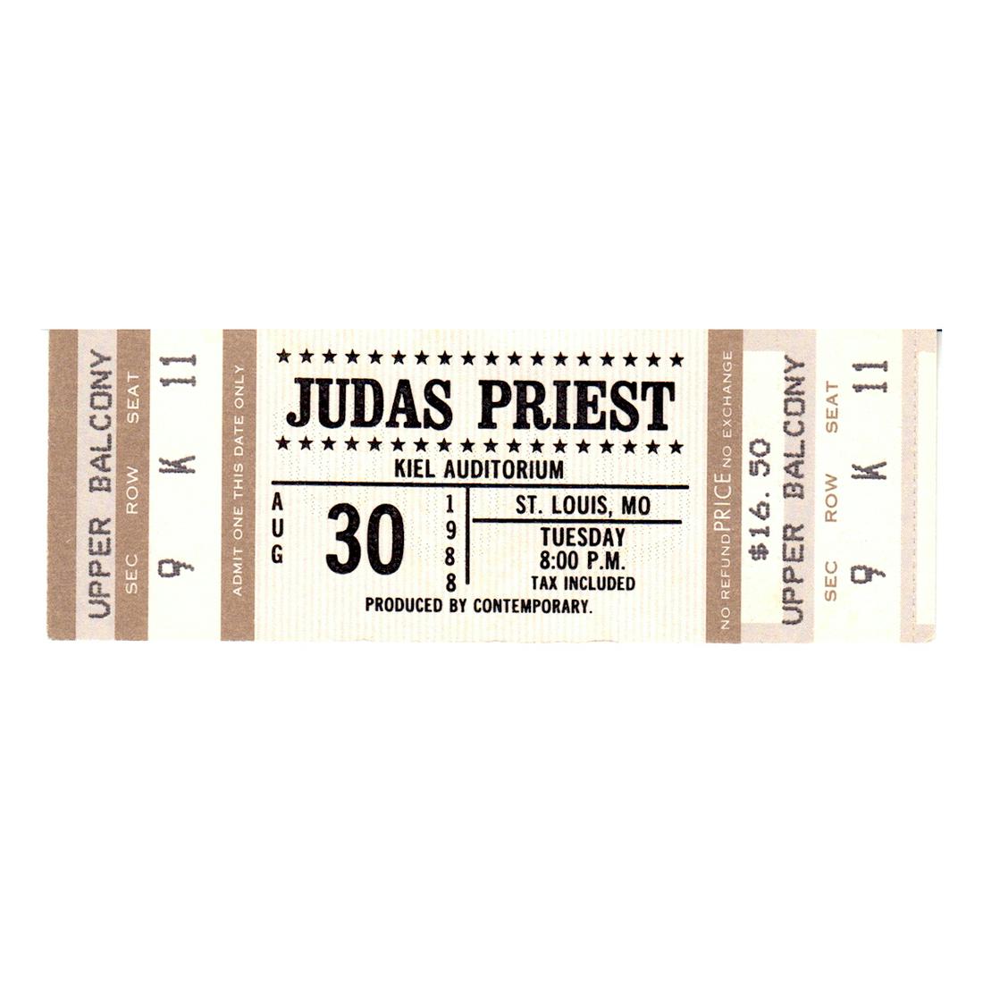 Judas Priest - 1988 Vintage Concert Ticket: JUDAS PRIEST (English Heavy Metal Band) Original & Vintage 1988 unused Concert Ticket featuring Judas Priest. Venue: Kiel Auditorium, St. Louis, Missouri. Dated: August 30, 1988. Includes COA. Dimensi