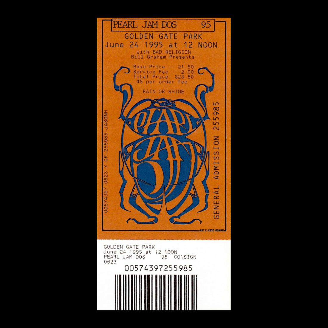 Pearl Jam - 1995 Vintage Concert Ticket: PEARL JAM (American Rock Band) Original & Vintage 1995 Pearl Jam unused Concert Ticket. Venue: Golden Gate Park, San Francisco, California. Dated: June 24, 1995. Includes COA. Dimensions: 2.75 inches 
