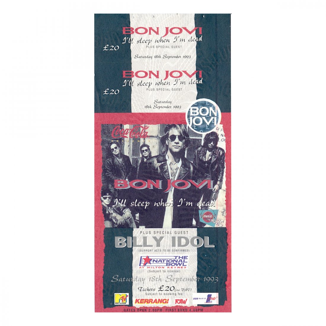 Bon Jovi - 1993 Vintage Concert Ticket: BON JOVI (American Rock Band) BILLY IDOL (English Musician and Singer-Songwriter) Original & Vintage 1993 unused Concert Ticket featuring Bon Jovi and Billy Idol. Venue: Milton Keynes National Bowl, M