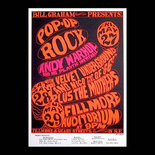 Andy Warhol - 1966 Fillmore Concert Handbill: ANDY WARHOL (1928-1987 American Artist) THE VELVET UNDERGROUND (American Rock Band) Original & Vintage Bill Graham Presents Concert Postcard featuring The Velvet Underground, Nico and The Mothers. Thi