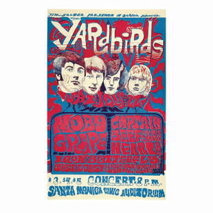 The Yardbirds - 1968 Jim Salzer Concert Poster: THE YARDBIRDS (English Rock Band) Original & Vintage Jim Salzer Presents Concert Poster featuring The Yardbirds, Moby Grape and Captain Beefheart. Venue: Santa Monica Civic Auditorium, Santa Monica, C