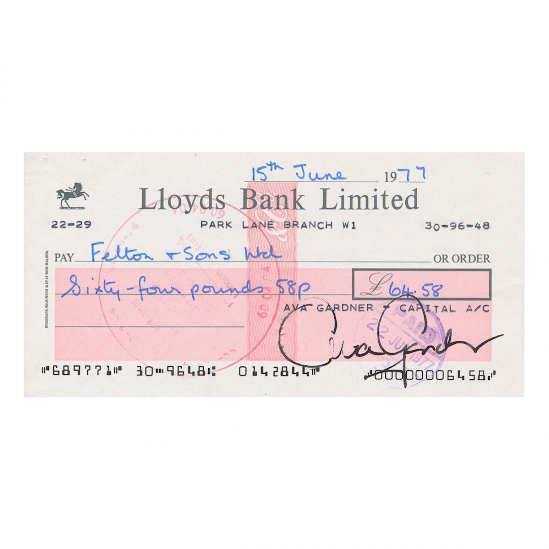 Ava Gardner - Signed Bank Draft: AVA GARDNER (1922- 1990 American Actress) Ava Gardner Signed Lloyds Bank Check. Signed by Ava Gardner in black fountain pen. Dated: June 15, 1977. Includes COA. Dimensions: 6 inches by 3 inches