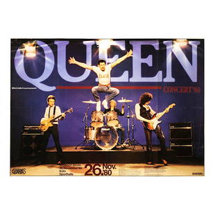 Queen - 1980 Concert Tour Poster: "QUEEN (British Rock Band) Original & Vintage 1980 Concert Tour Poster featuring Queen. Venue: Sporthalle, Cologne, Germany. Dated: November 26, 1980. First Printing. Includes COA. Dimensions: 32.5 in