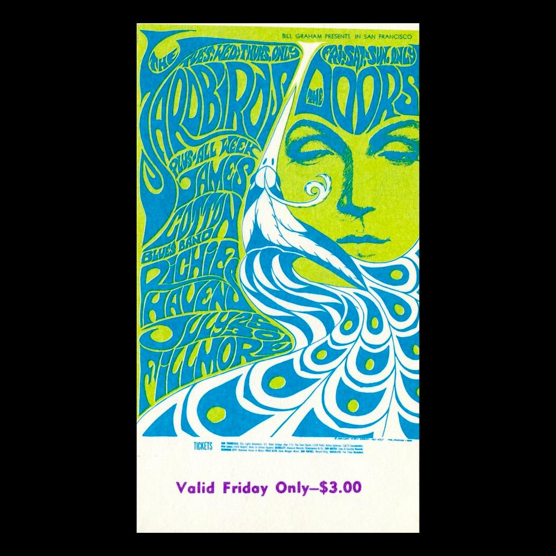 The Doors - Yardbirds - 1967 Vintage Concert Ticket: THE DOORS (American Rock Band) THE YARDBIRDS (English Rock Band) Original & Vintage Bill Graham Presents Concert Ticket featuring The Doors, Yardbirds, and Richie Havens. Venue: Fillmore Auditorium, S