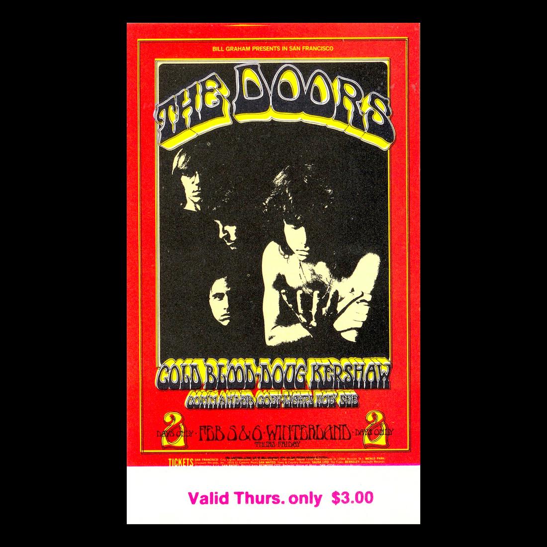 The Doors - Winterland - 1970 Vintage Concert Ticket: THE DOORS (American Rock Band) Original & Vintage Bill Graham Presents Concert Ticket featuring The Doors. Venue: Winterland, San Francisco, California. Dated: February 5, 1970. Artist: Randy Tuten. 1