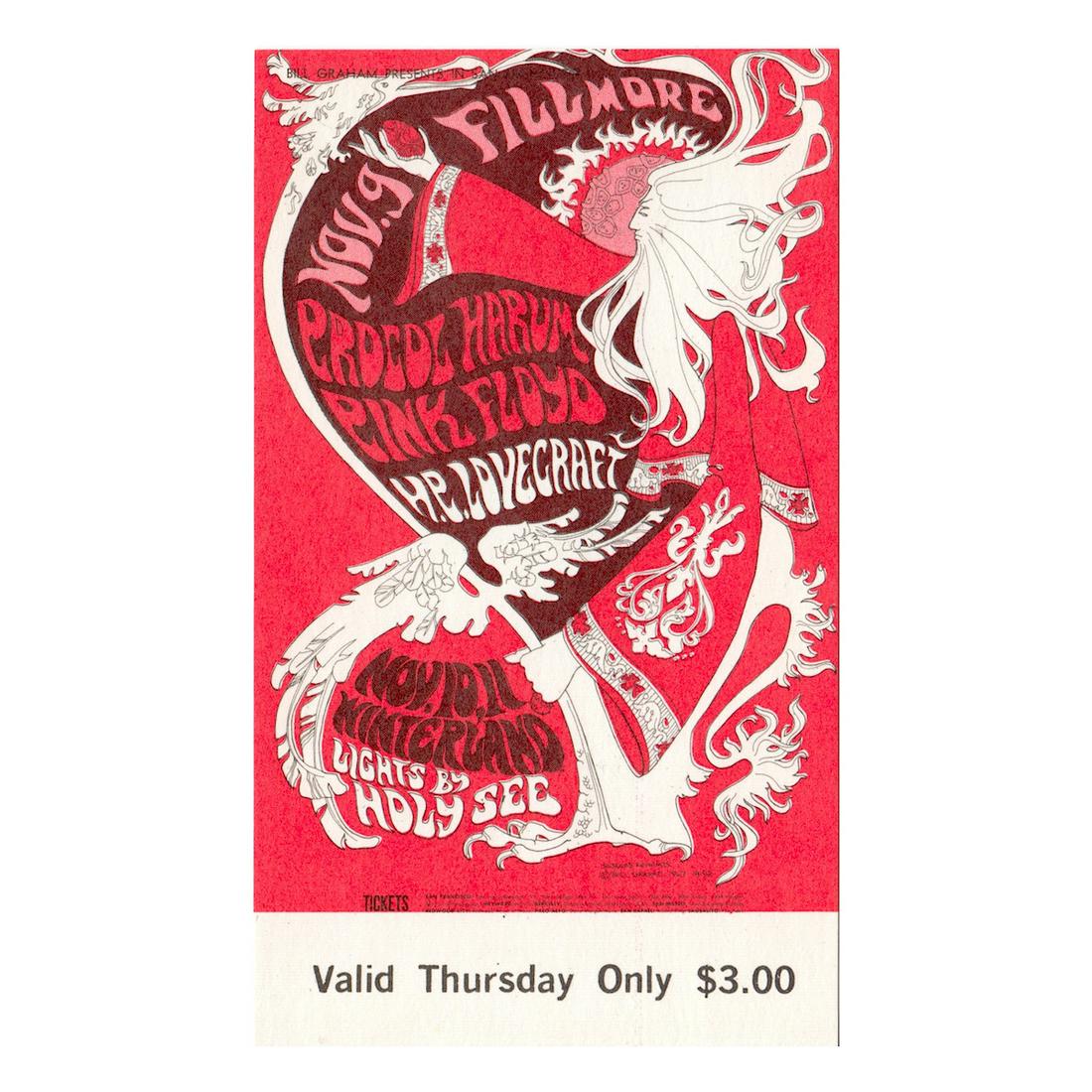 Pink Floyd - Procol Harum - 1967 Vintage Concert Ticket: PINK FLOYD (English Rock Band) PROCOL HARUM (English Rock Band) Original & Vintage Bill Graham Presents Concert Ticket featuring Pink Floyd and Procol Harum. Venue: Fillmore Auditorium, San Francisco,