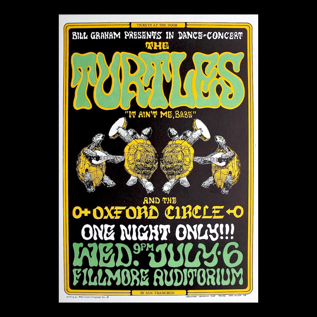 The Turtles - 1966 Fillmore Concert Poster: THE TURTLES (American Rock Band) Original & Vintage Bill Graham Presents Concert Poster featuring The Turtles and Oxford Circle. This poster is #15-2 in The Bill Graham Series. Venue: Fillmore Auditor