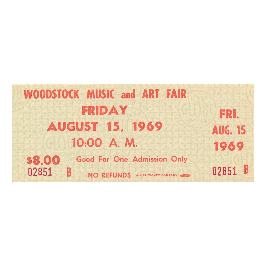 Woodstock - 1969 Friday Vintage Concert Ticket: WOODSTOCK MUSIC & ART FAIR FESTIVAL (Music Festival billed as 'An Aquarian Exposition: 3 Days of Peace & Music) Authentic unused Woodstock Festival Ticket with photograph. Venue: Max Yasgur Dairy Farm