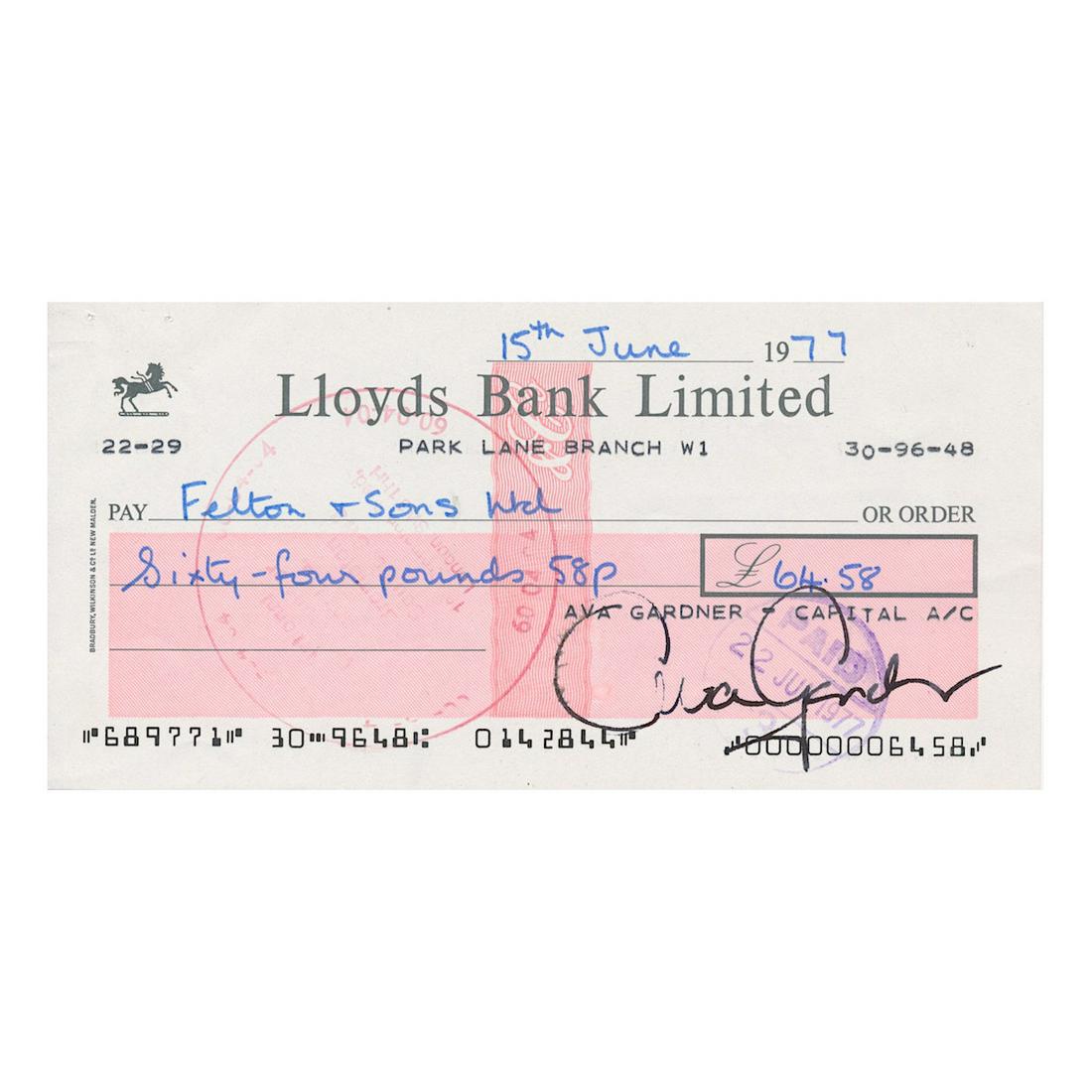 Ava Gardner - Signed Bank Draft: AVA GARDNER (1922- 1990 American Actress) Ava Gardner Signed Lloyds Bank Check. Signed by Ava Gardner in black fountain pen. Dated: February 1, 1978. Includes COA. Diemsions: 6 inches by 3 inches