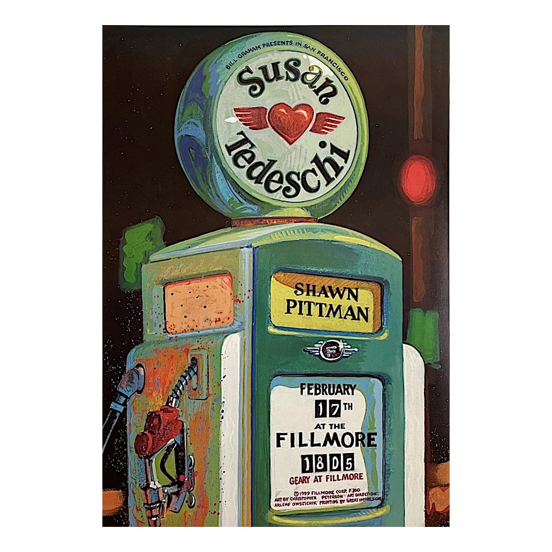 Susan Tedeschi- 1999 Fillmore Concert Poster: SUSAN TEDESCHI (American Singer Guitarist) Original & Vintage Bill Graham Presents 1999 Concert Tour Poster featuring Susan Tedeschi. Venue: The Fillmore, San Francisco, California. Dated: Feburary 17