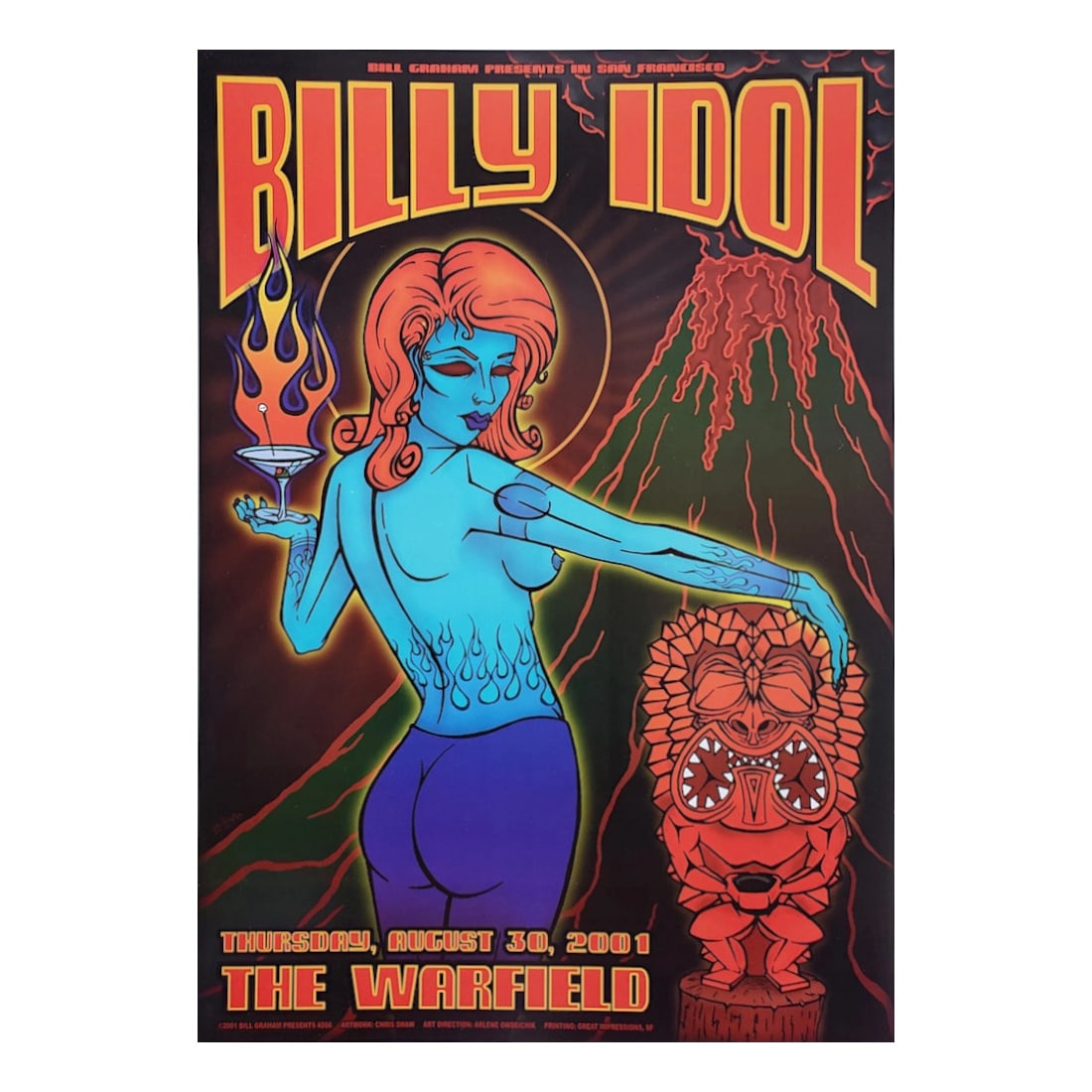Billy Idol - 2001 Warfield Concert Poster: BILLY IDOL (American Singer-Songwriter) Original & Vintage Bill Graham Presents 2001 Concert Tour Poster featuring Billy Idol. Venue: The Warfield, San Francisco, California. Dated: August 30, 2001. A