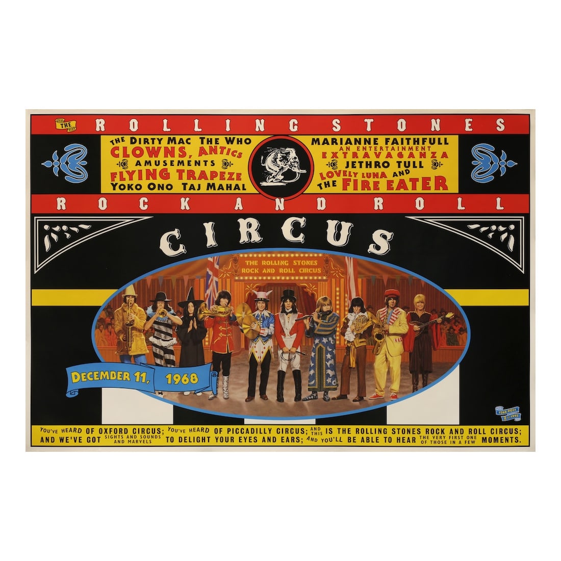 Rolling Stones - 1995 Promotional Poster: THE ROLLING STONES (English Rock Band) Original & Vintage 1995 ABKCO Promotional Poster for the release of the long-shelved Rolling Stones ‘Rock and Roll Circus’ concert performance. 1995 First Pr