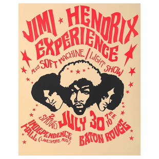 Jimi Hendrix Experience 1968 Baton Rouge Poster: JIMI HENDRIX (1942-1970 American Rock Guitarist, Singer-Songwriter and Musician) An original 1968 first draft proof concert poster for Jimi Hendrix Experience. Venue: Independence Hall, Baton Rouge, L