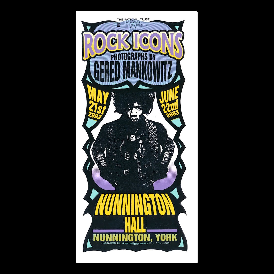 Jimi Hendrix - 2003 Event Handbill: JIMI HENDRIX (1942-1970 American Rock Guitarist, Singer-Songwriter and Musician) Original & Vintage Handbill featuring Jimi Hendrix. Venue: Nunnington Hall, Nunnington, New York. Dated: May 21, 2003.