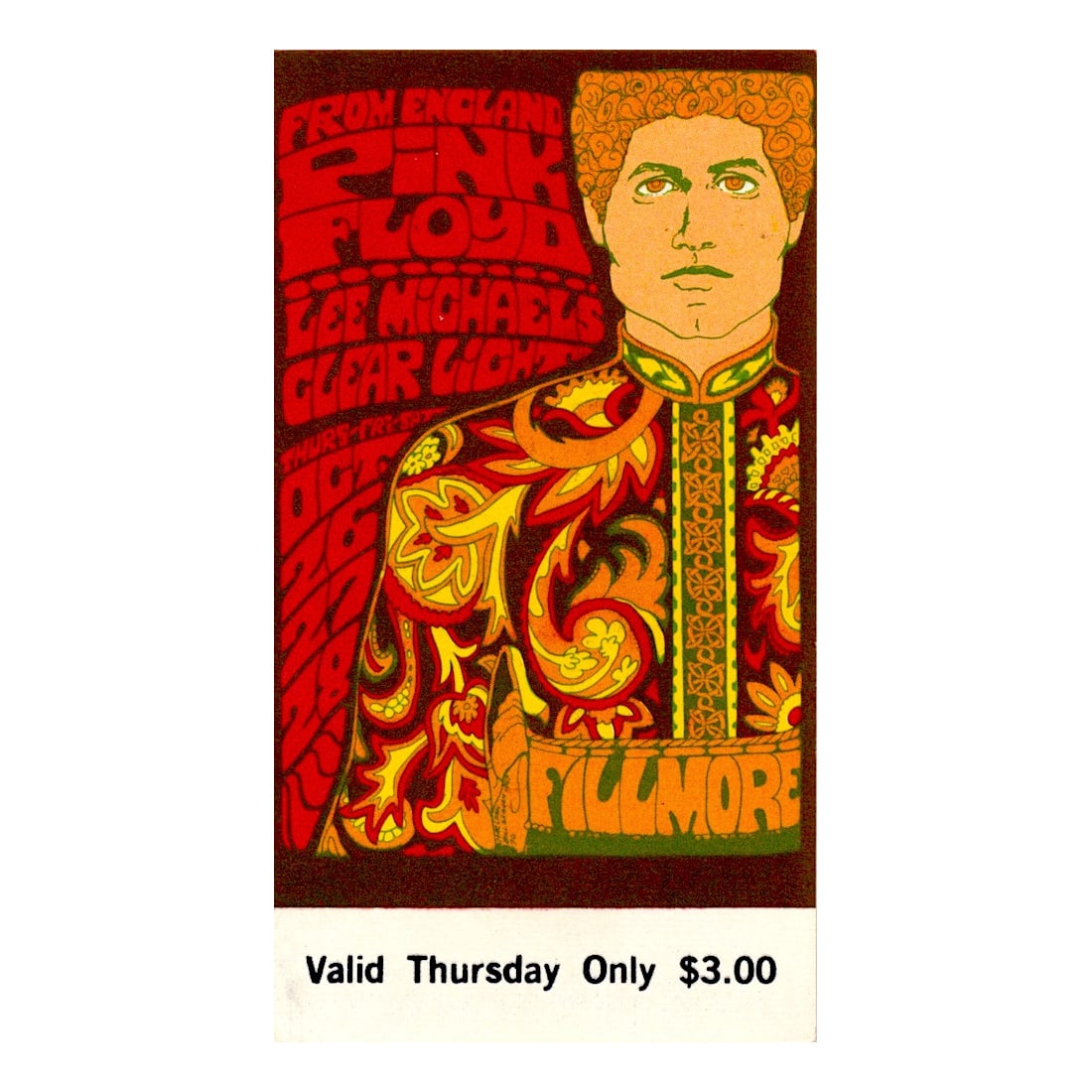 Pink Floyd - Fillmore - 1967 Vintage Concert Ticket: PINK FLOYD (English Rock Band) Original & Vintage Bill Graham Presents Concert Ticket featuring Pink Floyd and Lee Michaels. Venue: Fillmore Auditorium, San Francisco, California. Dated: October 26, 1