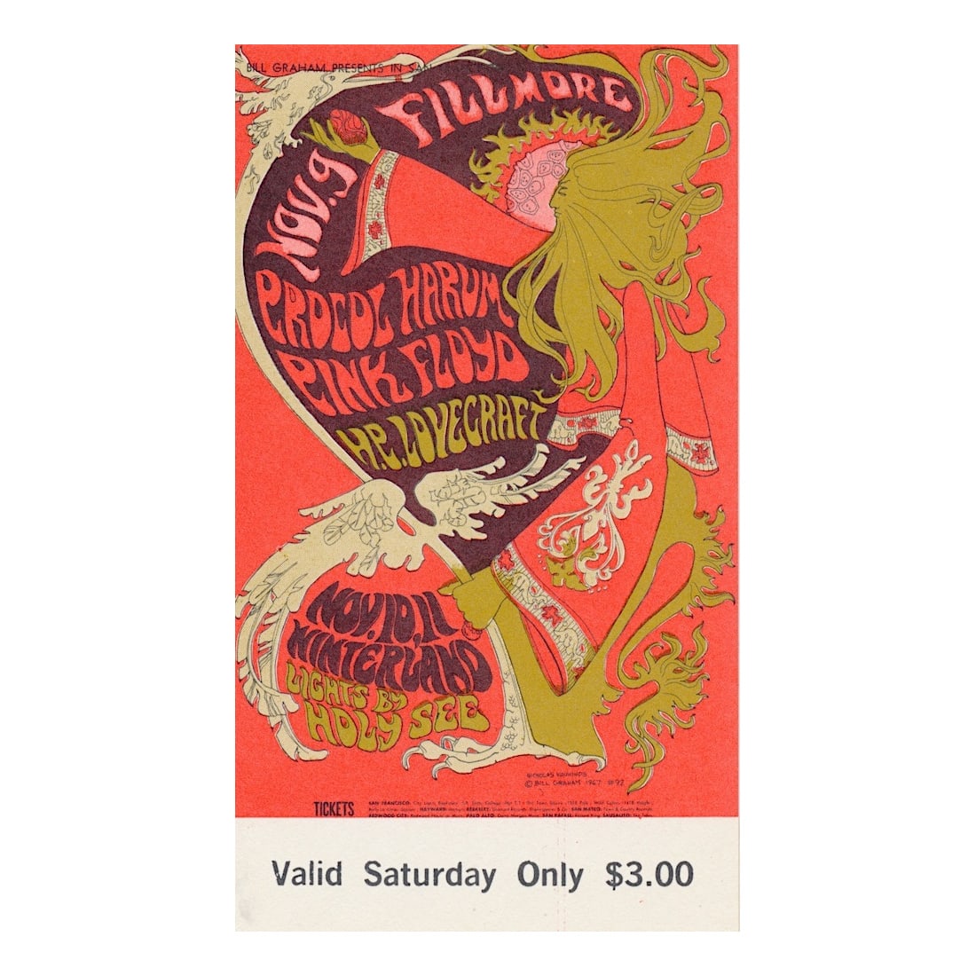 Pink Floyd - Procol Harum - 1967 Vintage Concert Ticket: PINK FLOYD (English Rock Band) PROCOL HARUM (English Rock Band) Original & Vintage Bill Graham Presents Concert Ticket featuring Pink Floyd and Procol Harum. Venue: Fillmore Auditorium, San Francisco,