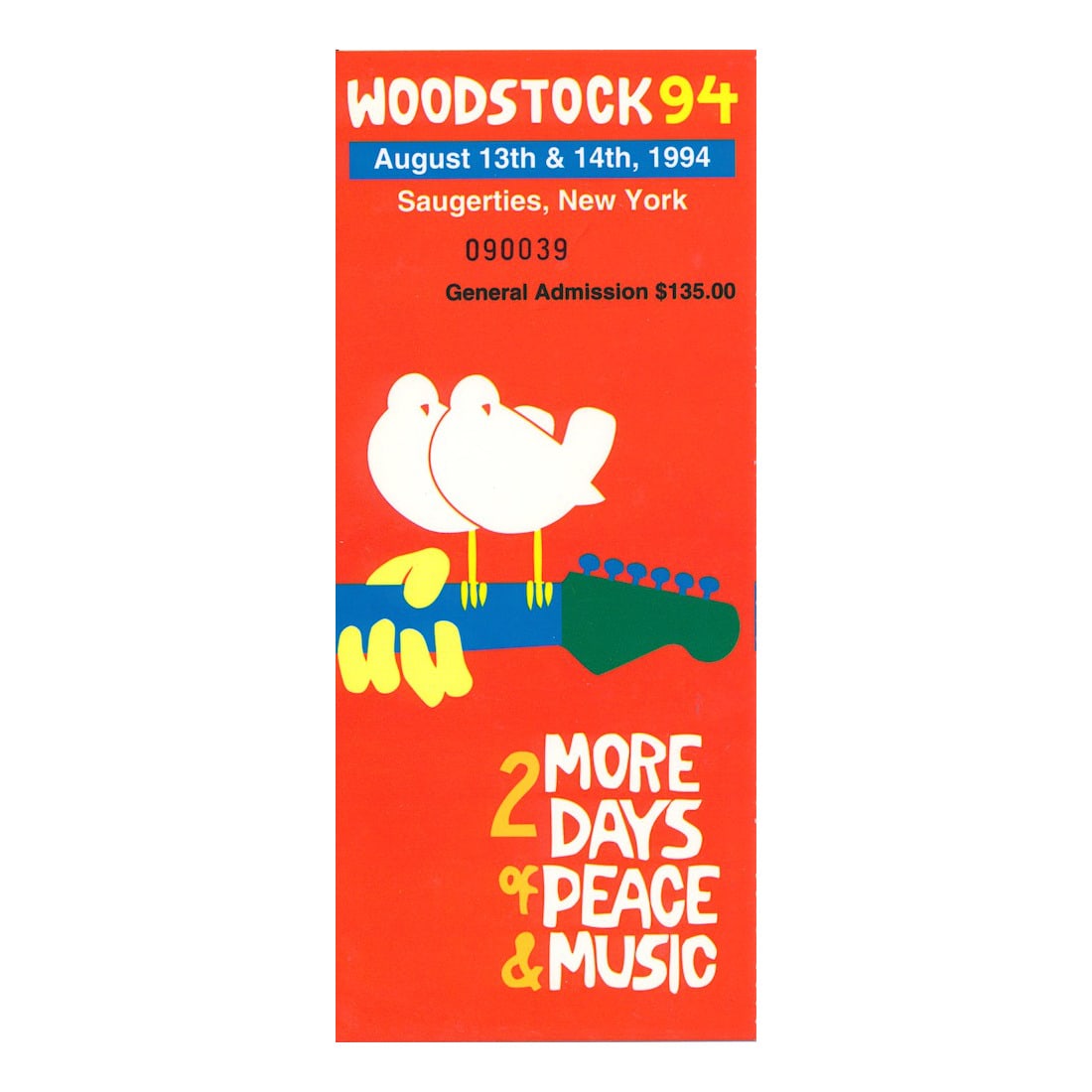 Woodstock Music Festival - 1994 Vintage Concert Ticket: WOODSTOCK 1994 MUSIC FESTIVAL (Music Festival) Authentic 1994 unused Woodstock Festival Ticket. Venue: Winston Farms, Saugerties, New York. Dated: August 13, 1994. Includes COA. Dimensions: 3 inches b