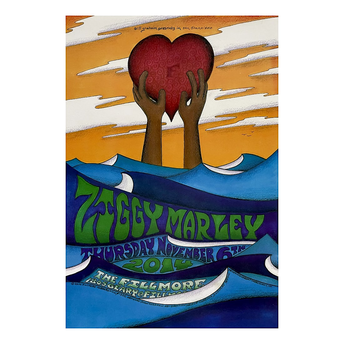 Ziggy Marley - 2014 Fillmore Concert Poster: ZIGGY MARLEY (Jamaican Musician) Original & Vintage Bill Graham Presents 2014 Concert Tour Poster featuring Ziggy Marley. Venue: The Fillmore, San Francisco, California. Dated: November 6, 2014. Artis