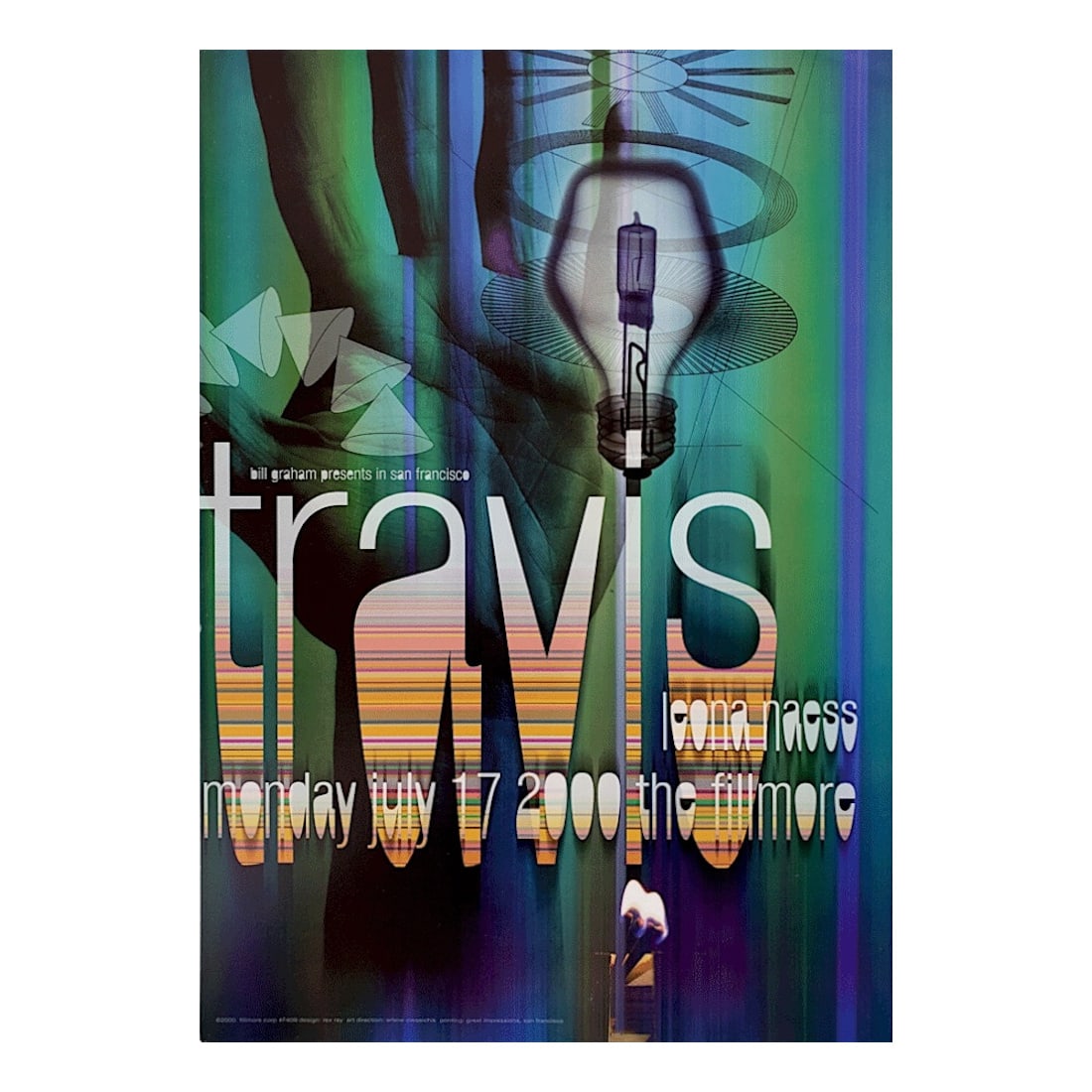 Travis - 2000 Fillmore Concert Poster: TRAVIS (Scottish Rock Band) Original & Vintage Bill Graham Presents 2000 Concert Tour Poster featuring Travis. Venue: The Fillmore, San Francisco, California. Dated: July 17, 2000. Artist: Rex Ray. Fi