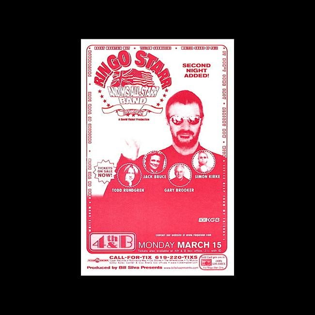 Ringo Starr and his All-Starr Band - 1999 Handbill: RINGO STARR (English Musician, Singer and Songwriter) Original & Vintage 1999 'Ringo Starr and his All-Starr Band' Promotional Handbill/Flyer. Venue: 4th & B, San Diego, California. Dated: March 15, 1