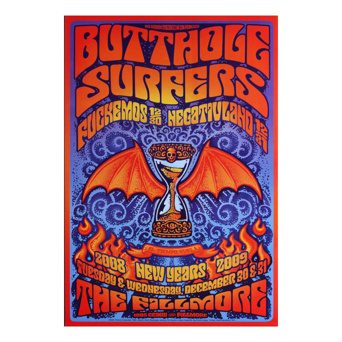 Butthole Surfers - 2008 Fillmore Concert Poster: BUTTHOLE SURFERS (American Rock Band) Original & Vintage Bill Graham Presents 2008 Concert Tour Poster featuring Butthole Surfers. Venue: The Fillmore, San Francisco, California. Dated: December 31, 2