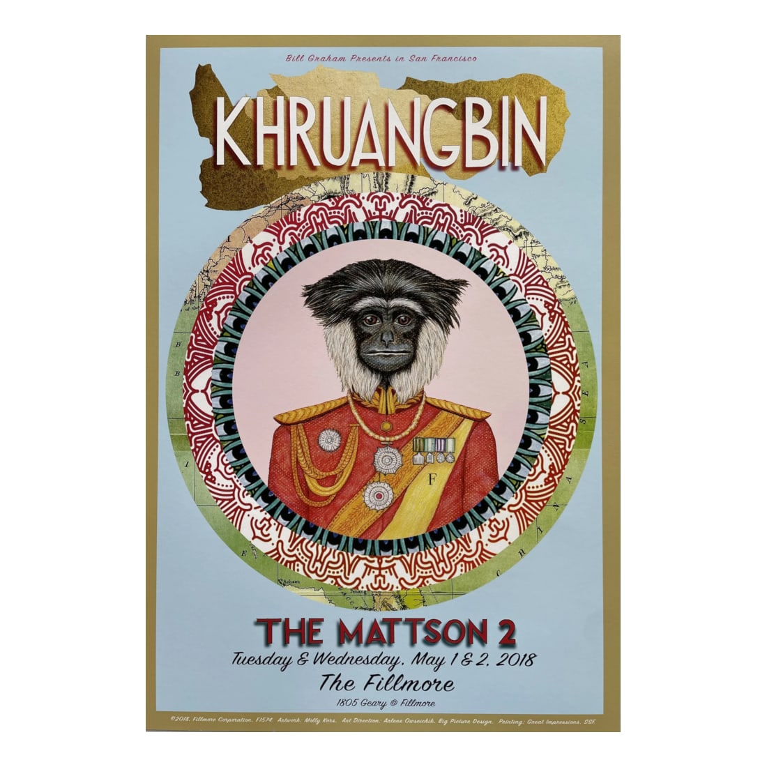 Khruangbin - 2018 Fillmore Concert Poster: KHRUANGBIN (American Musical Trio) Original & Vintage Bill Graham Presents 2018 Concert Tour Poster featuring Khruangbin. Venue: The Fillmore, San Francisco, California. Dated: May 1 - 2, 2018. Artist