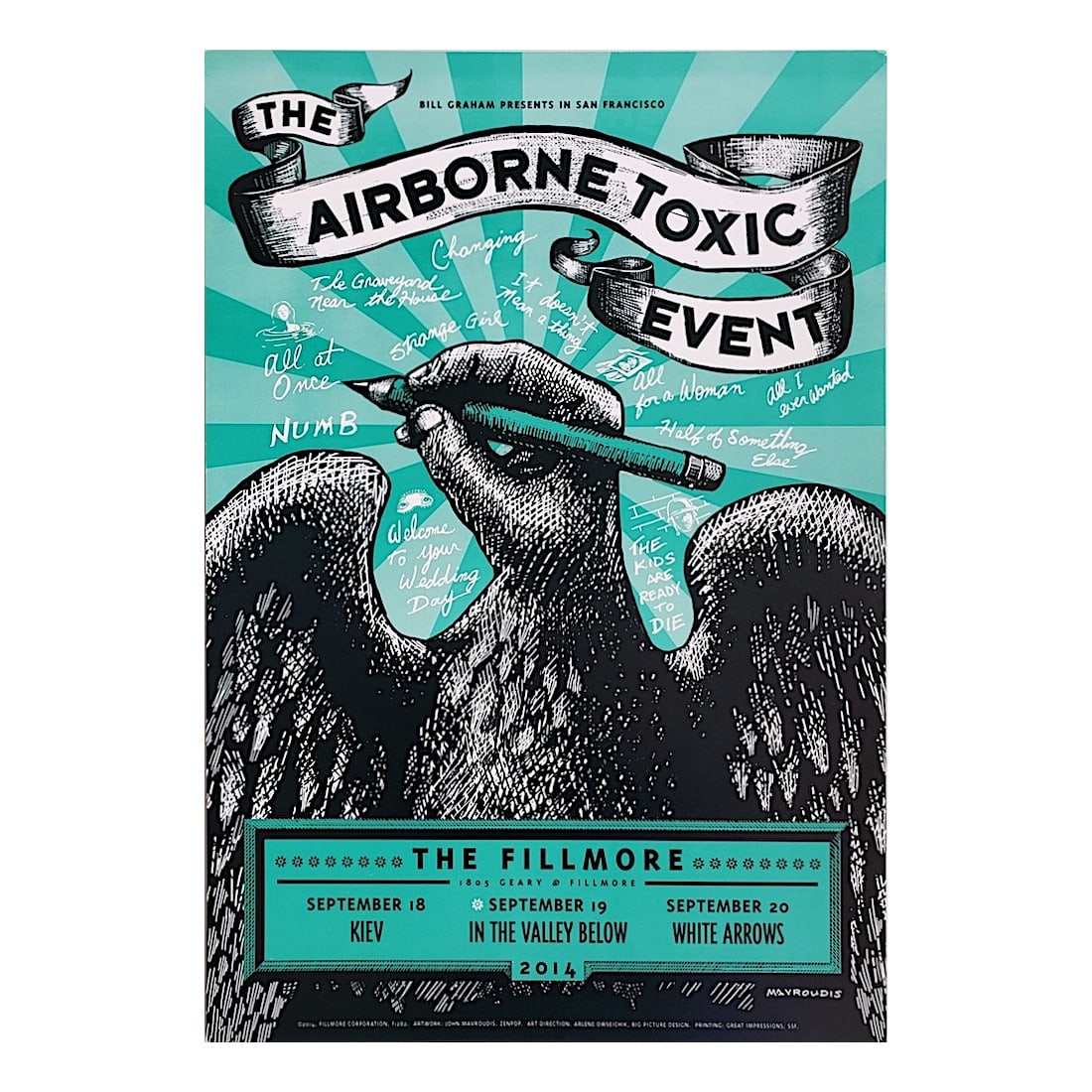 The Airborne Toxic Event - 2014 Fillmore Concert Poster: THE AIRBORNE TOXIC EVENT (American Rock Band) Original & Vintage Bill Graham Presents 2014 Concert Tour Poster featuring The Airborne Toxic Event. Venue: The Fillmore, San Francisco, California. Dated