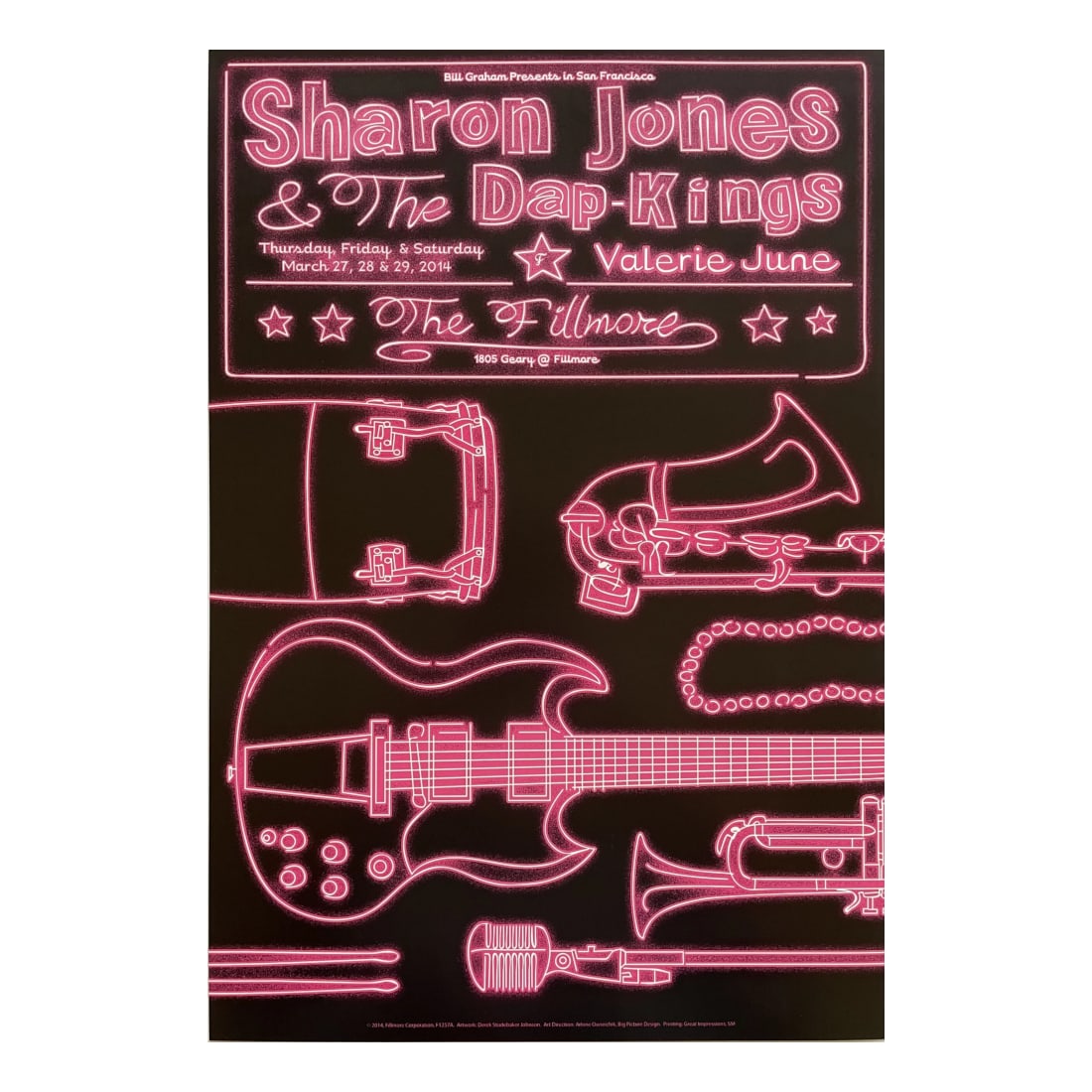 Sharon Jones and the Dap-Kings - 2014 Fillmore Concert Poster: SHARON JONES AND THE DAP-KINGS (American Funk and Soul Band) Original & Vintage Bill Graham Presents 2014 Concert Tour Poster featuring Sharon Jones and the Dap-Kings. Venue: The Fillmore, San Francis
