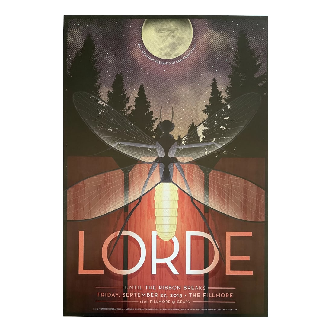 Lorde - 2013 Fillmore Concert Poster: LORDE (New Zealand Singer-Songwriter) Original & Vintage Bill Graham Presents 2013 Concert Tour Poster featuring Lorde. Venue: The Fillmore, San Francisco, California. Dated: September 27, 2013. Artis