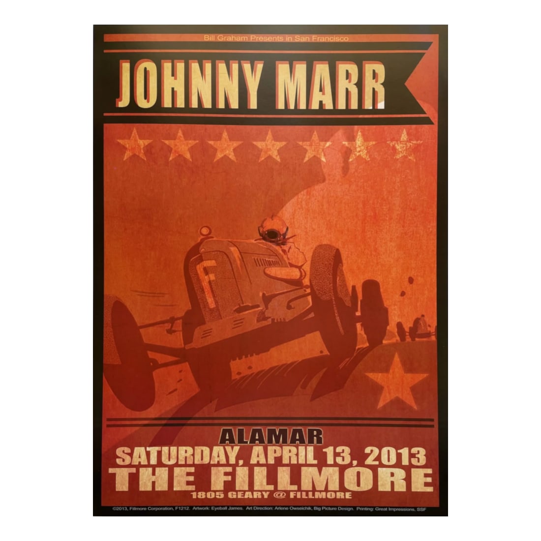 Johnny Marr - 2013 Fillmore Concert Poster: JOHNNY MARR (English Singer-Songwriter) Original & Vintage Bill Graham Presents 2013 Concert Tour Poster featuring Johnny Marr. Venue: The Fillmore, San Francisco, California. Dated: April 13, 2013. A