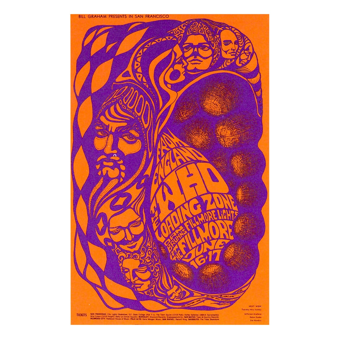The Who - 1967 Fillmore Concert Handbill: THE WHO (English Rock Band) Original & Vintage Bill Graham Presents Concert Postcard featuring The Who and The Loading Zone. This postcard is #068-1 in The Bill Graham Series. Venue: Fillmore Auditori