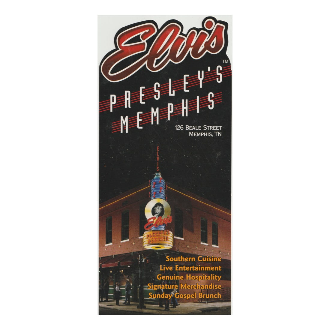 Elvis Presley - Presley's Memphis Promotional Brochure: Elvis Presley (American Singer & Actor) Authentic 1999 Elvis Presley Presley's Memphis Brochure. Dated: 1999. Includes COA. Dimensions: 4 inches by 9 inches Shipped Flat Shipping can be combined