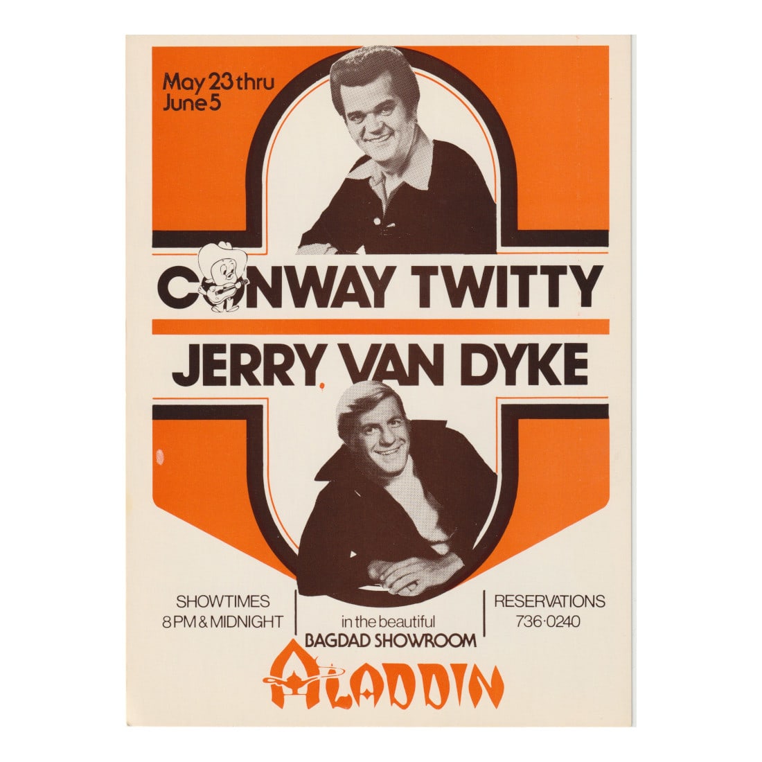 Conway Twitty - Jerry Van Dyke - Aladdin - 1970/80's Concert Handbill: CONWAY TWITTY (American Singer-Songwriter) JERRY VAN DYKE (American Actor & Comedian) Authentic 1970/80's Aladdin Concert Handbill featuring Conway Twitty & Jerry Van Dyke. Venue: Aladdin, Las Vegas, 