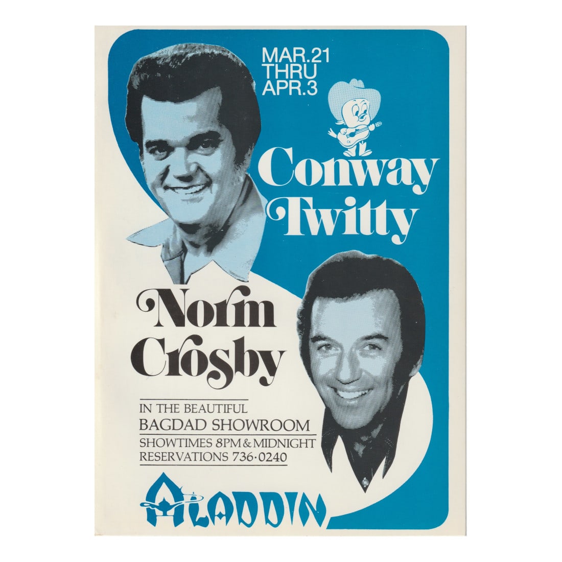 Conway Twitty - Norm Crosby - Aladdin - 1970/80's Concert Handbill: CONWAY TWITTY (American Singer-Songwriter) NORM CROSBY (American Comedian) Authentic 1970/80's Aladdin Concert Handbill featuring Conway Twitty & Norm Crosby. Venue: Aladdin, Las Vegas, Nevada. Dated:
