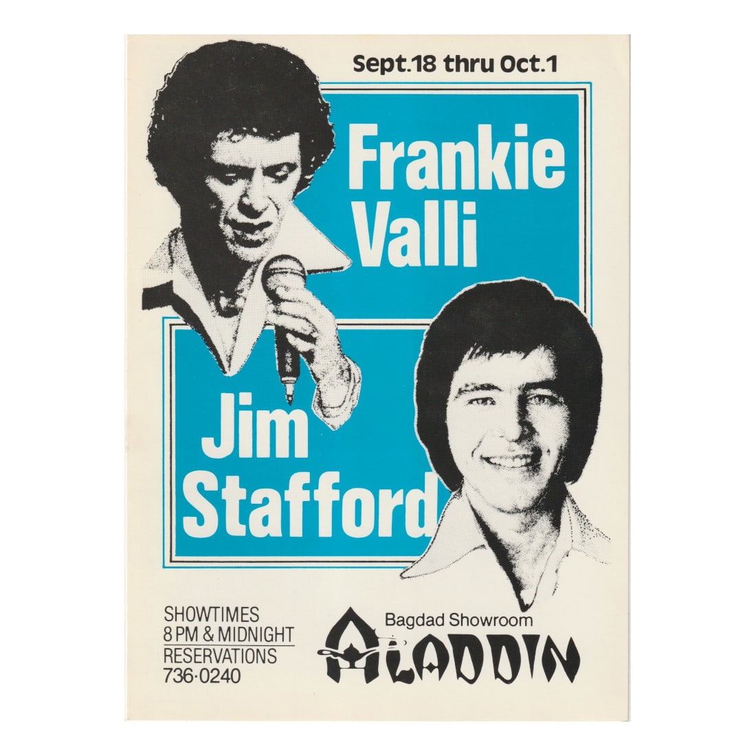 Frankie Valli - Jim Stafford - Aladdin - 1970/80's Concert Handbill: FRANKIE VALLI (American Singer) JIM STAFFORD (American Singer-Songwriter) Authentic 1970/80's Aladdin Concert Handbill featuring Frankie Valli & Jim Stafford. Venue: Aladdin, Las Vegas, Nevada. Dated: