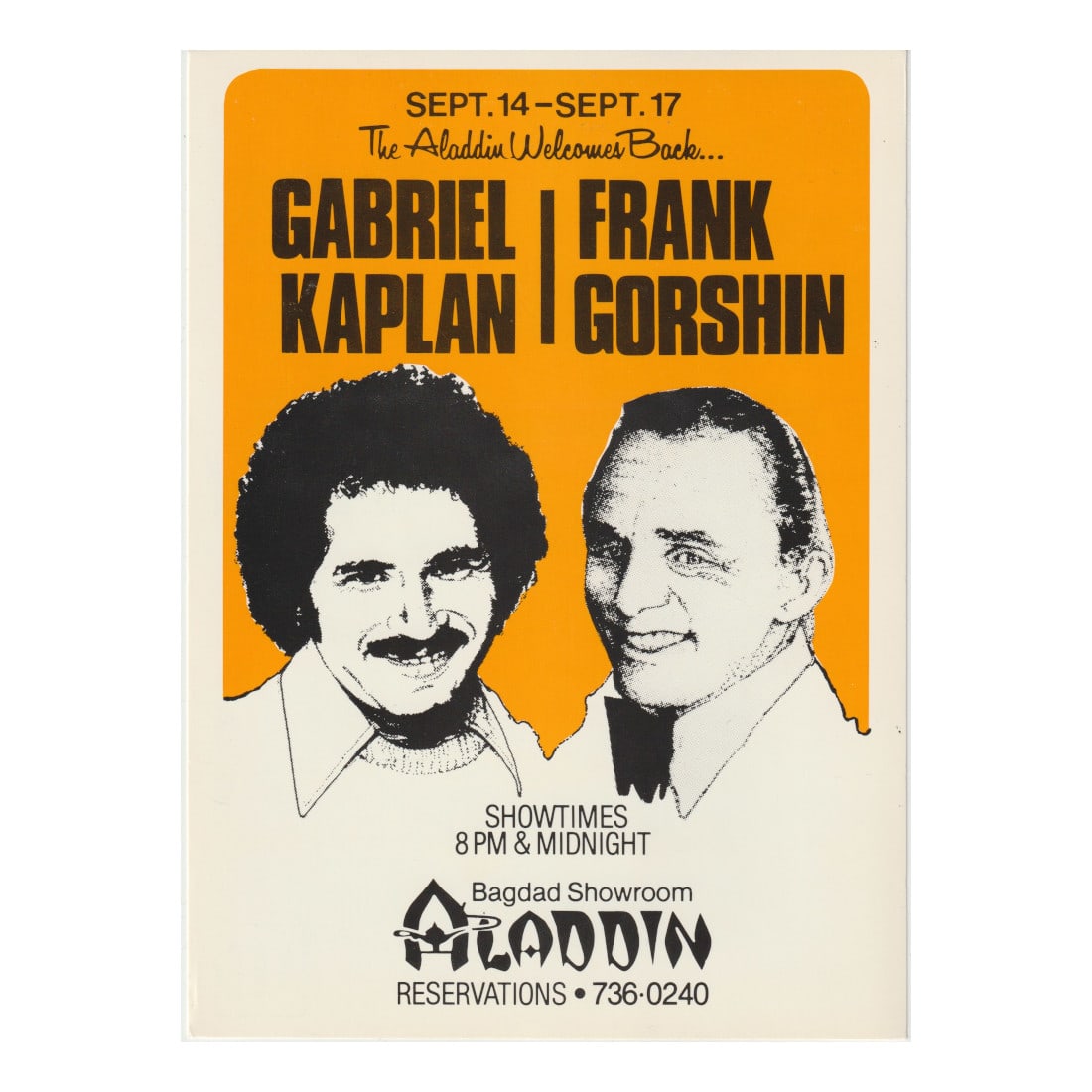Gabriel Kaplan - Frank Gorshin - Aladdin - 1970/80's Concert Handbill (1 of 1)