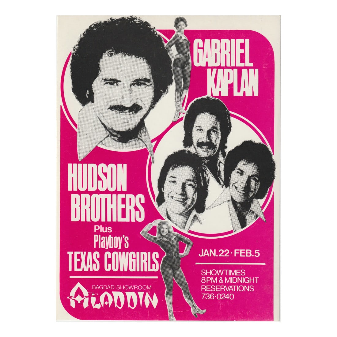 Gabriel Kaplan - The Hudson Brothers - Aladdin - 1970/80's Concert Handbill: GABRIEL KAPLAN (American Actor & Comedian) THE HUDSON BROTHERS (American Musical Group) Authentic 1970/80's Aladdin Concert Handbill featuring Gabriel Kaplan & The Hudson Brothers. Venue: Aladdin, Las